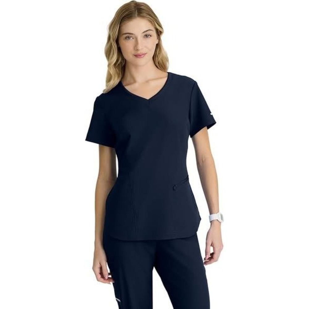 Skechers by Barco Electra Top Navy Blue V Neck 3 Pockets 4 Way Stretch Small‎